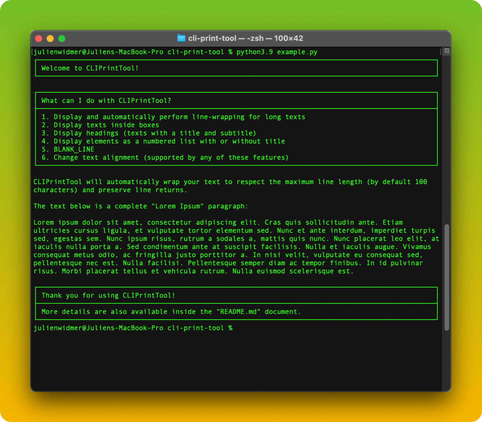 Screenshot of the outputs made by a Python script using CLI Print Tool.