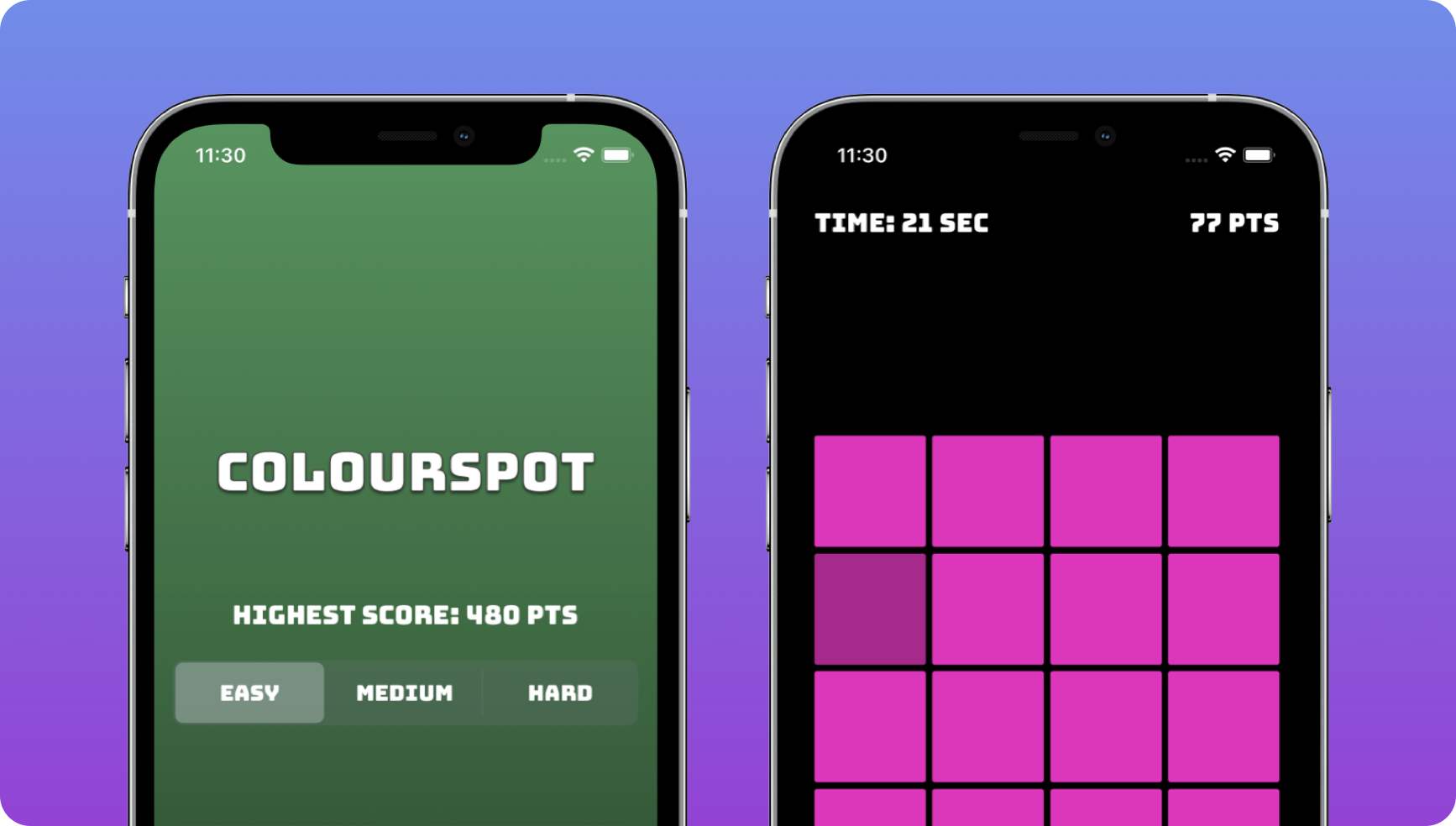 Screenshots of ColourSpot's menu and game interface, a grid of squares filled with colours.
