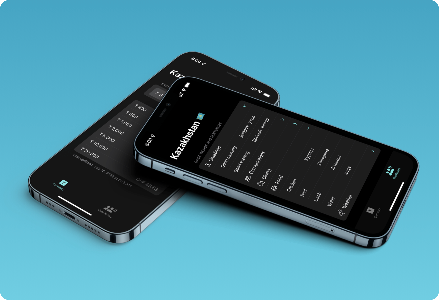 Screenshots of Kazakhstan (Travel App) that converts amounts between tenge and swiss franks, and translates words and sentences from English to Russian.